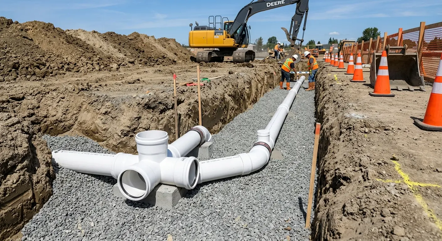 New PVC sewer pipe installation in open trench for Sewer Camera Inspection in McGregor