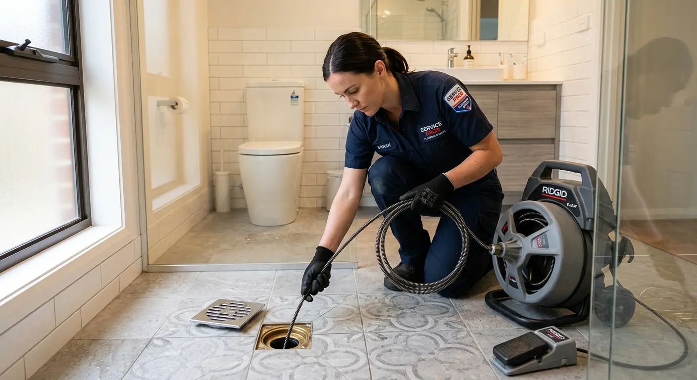 Technician clearing a bathroom floor drain for Sewer Line Installation in McGregor
